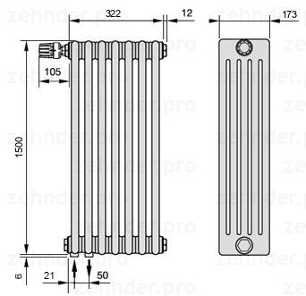 Схема (чертеж) Радиатор Zehnder Charleston 5150/7 №V001 Белый глянцевый RAL 9016